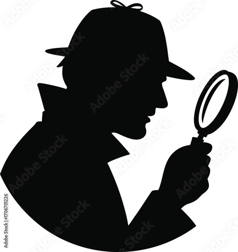 Curious detective examining clues with magnifying glass silhouette