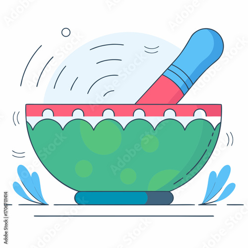 A cartoon illustration of a mortar and pestle, with a simple color palette