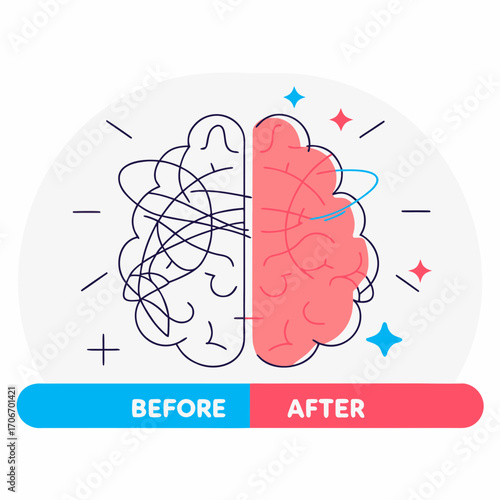 A conceptual illustration depicting the before and after states of the human brain