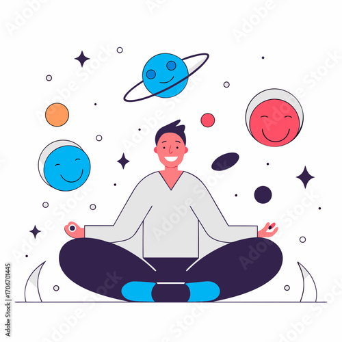 A meditating person surrounded by celestial bodies, representing inner peace and cosmic connection. The person is smiling and meditating with planets