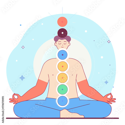 A meditating person visualizes chakra centers. The colorful chakras emanate positive energy while the person practices yoga 