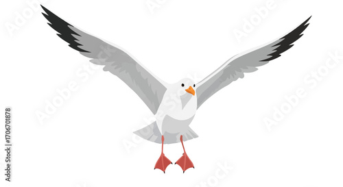 An artistic depiction of a soaring seagull with outstretched wings conveying freedom and serenity found in coastal realms, isolated on white