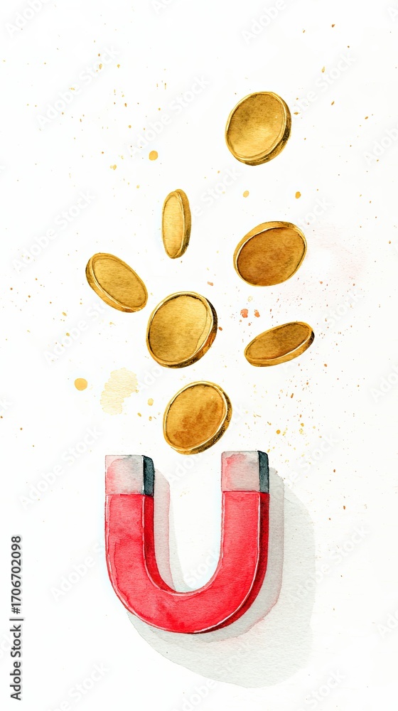 Fototapeta premium A colorful illustration of a red magnet attracting golden coins, symbolizing wealth and attraction.