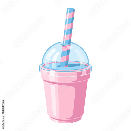 A vibrant cartoon illustration of a sweet pink smoothie or milkshake in a to-go cup, complete with a dome lid and a fun striped straw, representing a delicious cold dessert drink