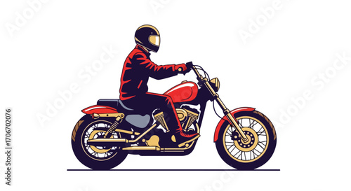 Illustration of a person riding a classic red motorcycle with a helmet on a white background showcasing freedom and adventure, it has stylized