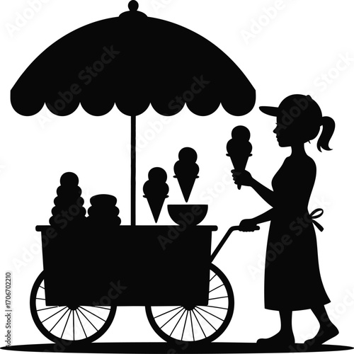 Ice cream seller serving a cone silhouette illustration