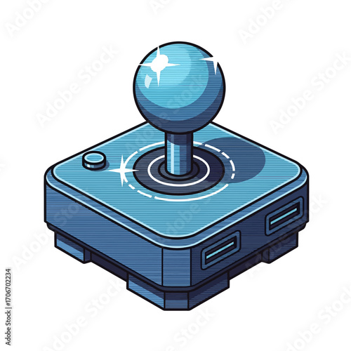 Shiny blue retro joystick illustration representing classic arcade gaming and digital entertainment nostalgia from the 8-bit era