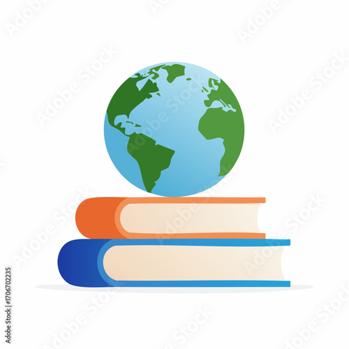Conceptual illustration depicting global education with an earth globe atop stacked textbooks