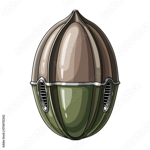 Detailed vector illustration of a retro-futuristic transport pod, featuring a unique steampunk-inspired egg-shaped design on a white background