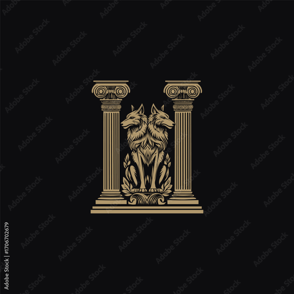 Obraz premium Elegant vector illustration of a two-headed wolf or mythological creature sitting between two ancient Greek or Roman Ionic columns