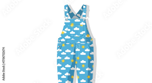 Illustrative overalls design featuring a playful sky motif evoking childhood innocence and whimsical fashion style, ideal for children's clothing or