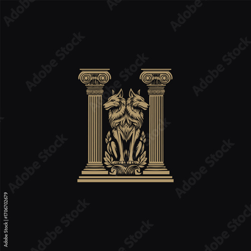 Elegant vector illustration of a two-headed wolf or mythological creature sitting between two ancient Greek or Roman Ionic columns