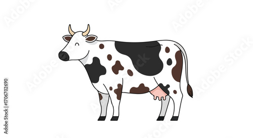 Cartoon Cow Illustration: A Smiling Dairy Cow with Spotted Markings in a Minimalist Style on Plain Backdrop