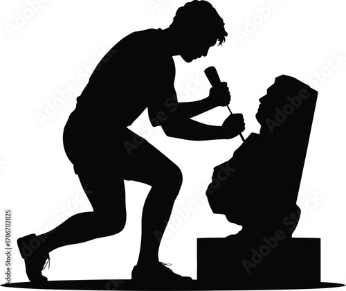 Artist silhouette sculpting a classical statue with tools silhouette