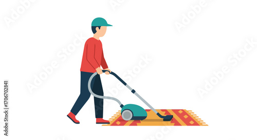 A carpet cleaner operates vacuum machine on patterned rug to maintain hygiene and aesthetic appeal in home or office environment using modern