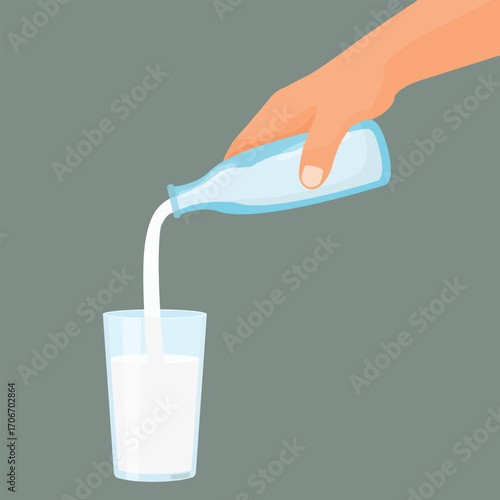 Hand pouring milk from bottle into a glass