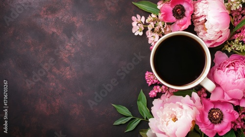 Coffee and pink flowers