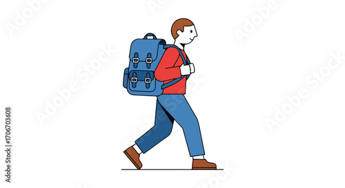Illustration of a traveler with a backpack stepping forward on a white background