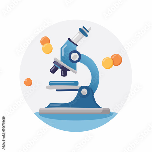 Depiction of a Blue Microscope with Abstract Circular Design, Science Illustration