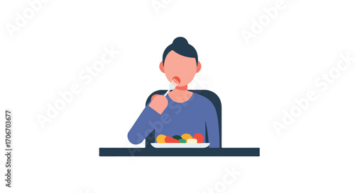 Illustration of a woman eating a healthy salad with a fork at a table, promoting wellness and mindful eating habits in a simple graphic representation