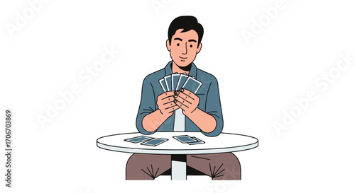 Enthusiastic player holding playing cards at a table, enjoying a casual card game with friends, illustration expressing social connection and