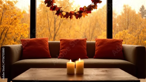 Cozy Autumn Interior with Rain Outside Window