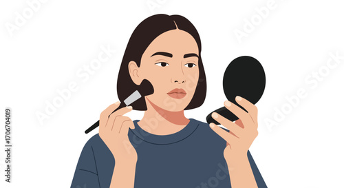 Illustrative depiction of a young woman applying makeup with brush and holding mirror at home beauty routine tutorial