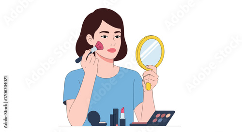 Young woman applying blush while holding a mirror, demonstrating everyday beauty routine techniques and cosmetic preparation