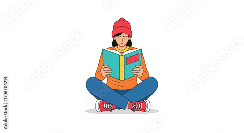 Cartoon girl immersed in captivating story, sitting cross-legged on the floor in a relaxed pose, engrossed in literature exploration