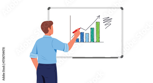 Illustrative character depicting business growth on a whiteboard with ascending graphs  visualizing data driven progress and positive financial