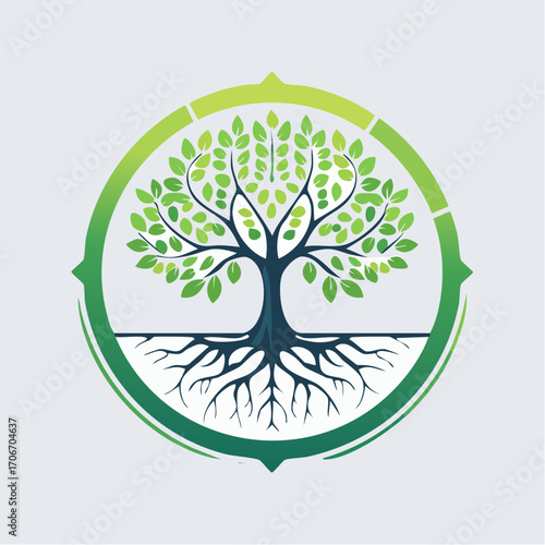 Elegant circular logo of a tree with deep roots, representing growth and nature