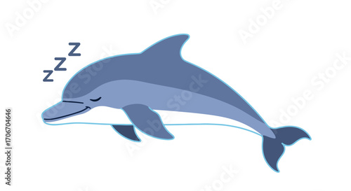 Dreamy depths: cartoon-style illustration of a slumbering dolphin with soft blue hues resting peacefully and dreaming sweet oceanic dreams under the