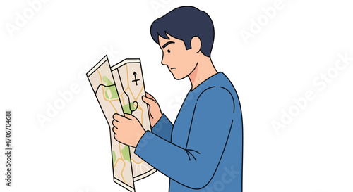 Illustration of a contemplative man navigating with a detailed map in hand planning adventure exploring landscapes seeking directions for upcoming