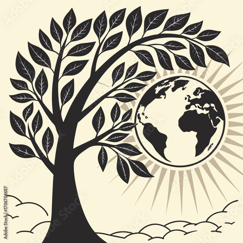 Silhouette tree with Earth globe and sunburst planet