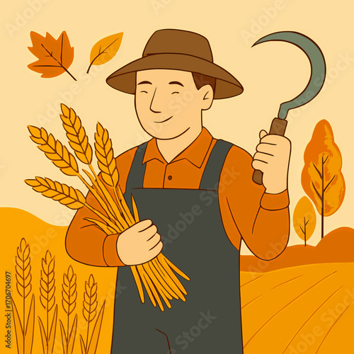 Flat vector illustration of a farmer harvesting crops in autumn