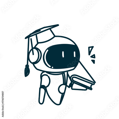 doodle robot with graduation hat holding book