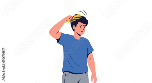Illustration of a young man combing his hair, emphasizing personal grooming and daily routine with a modern flat design style