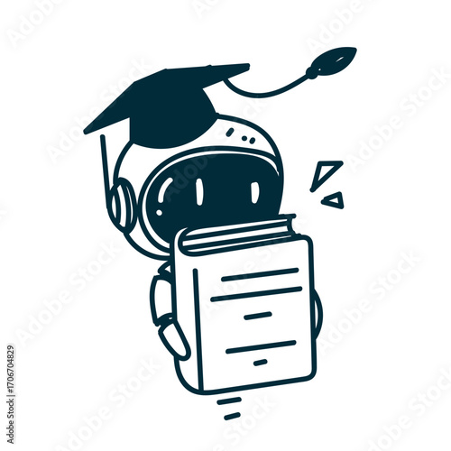 doodle robot with graduation hat holding book