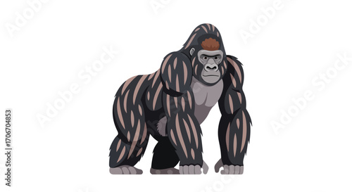 Cartoon depiction of a muscular gorilla standing with a watchful and thoughtful expression isolated on a plain backdrop
