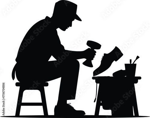 Shoemaker repairing a shoe with a hammer silhouette