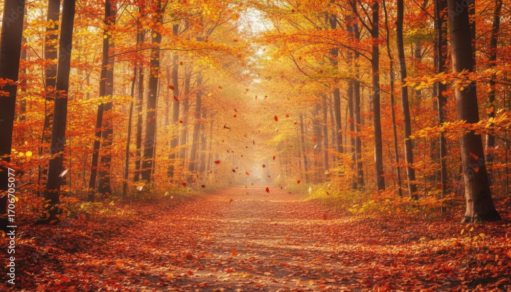 Obraz premium Autumn Forest Path with Falling Leaves