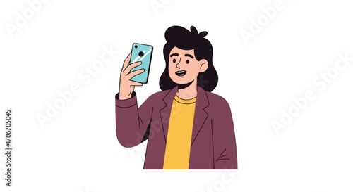 Cartoon depiction of a happy person using a mobile phone for communication or social networking application interface