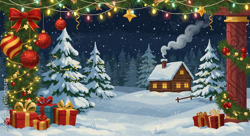 Christmas Winter Scene with Decorated Tree Snow Covered Cabin Holiday Gifts