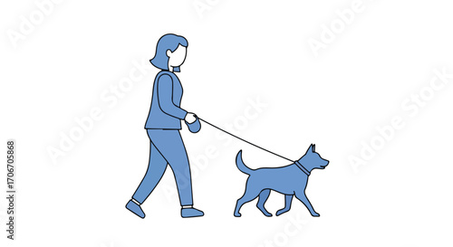 Stylized Illustration Depicting a Woman Walking a Dog on a Leash, Presenting Daily Exercise, Healthy Lifestyle and Animal Companionship in Simple Form