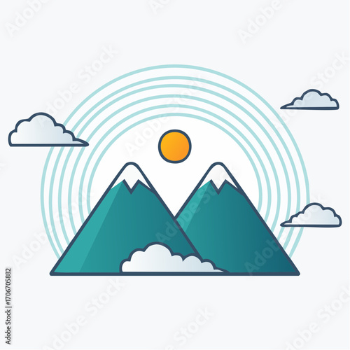 Illustrated mountainous landscape featuring sun, clouds, and concentric circular design elements
