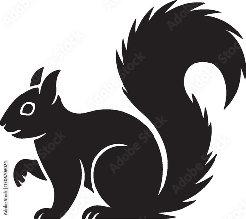 Black Silhouette of a Squirrel with a Fluffy Tail on a White Background