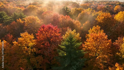 Aerial flyover of a dense autumn forest shrouded in light morning mist with dappled sunlight forest, leaves, peaceful