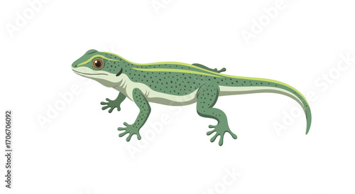 Illustrated green gecko with detailed skin and striking stripes, showcased in vector artwork with a sleek, modern design offering visual appeal