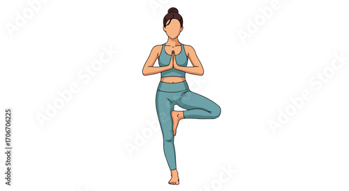 Illustration of a woman performing tree pose, a yoga asana promoting balance and inner peace, on a white background