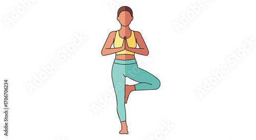 Illustration depicting a woman in a tree yoga pose for promoting well being and mindfulness through fitness routines and relaxation techniques